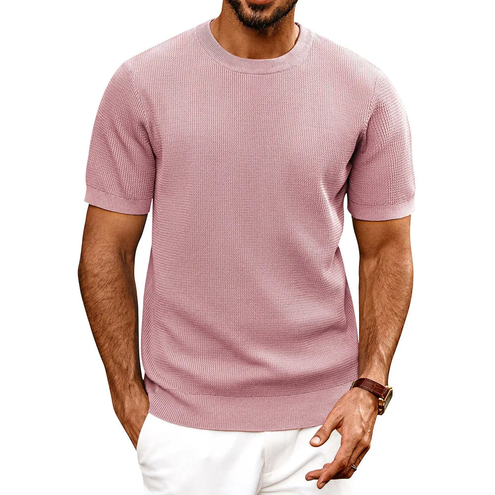 PJ Men Gentleman Basic Textured Knitted T-Shirt Short Sleeve Crew Neck Tops Knitwear High Stretch Fashion - Clothing Tops in ##color## by Style Heaven | High-Quality & Trendy Fashion