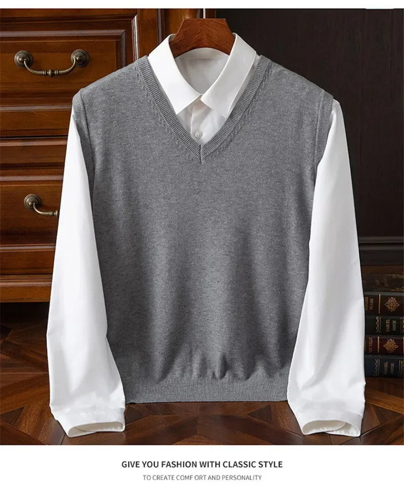 Cashmere Knitted Sweater Vest Men's Clothing V-neck Solid Color Pullover Camisole Bottom Spring Autumn Tops-Style Heaven