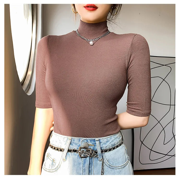 Basic Cotton T Shirt Women Turtleneck Slim Tshirt Short Sleeve T-shirts Female Casual Elasticity White Tee Shirt Femme Woman Top