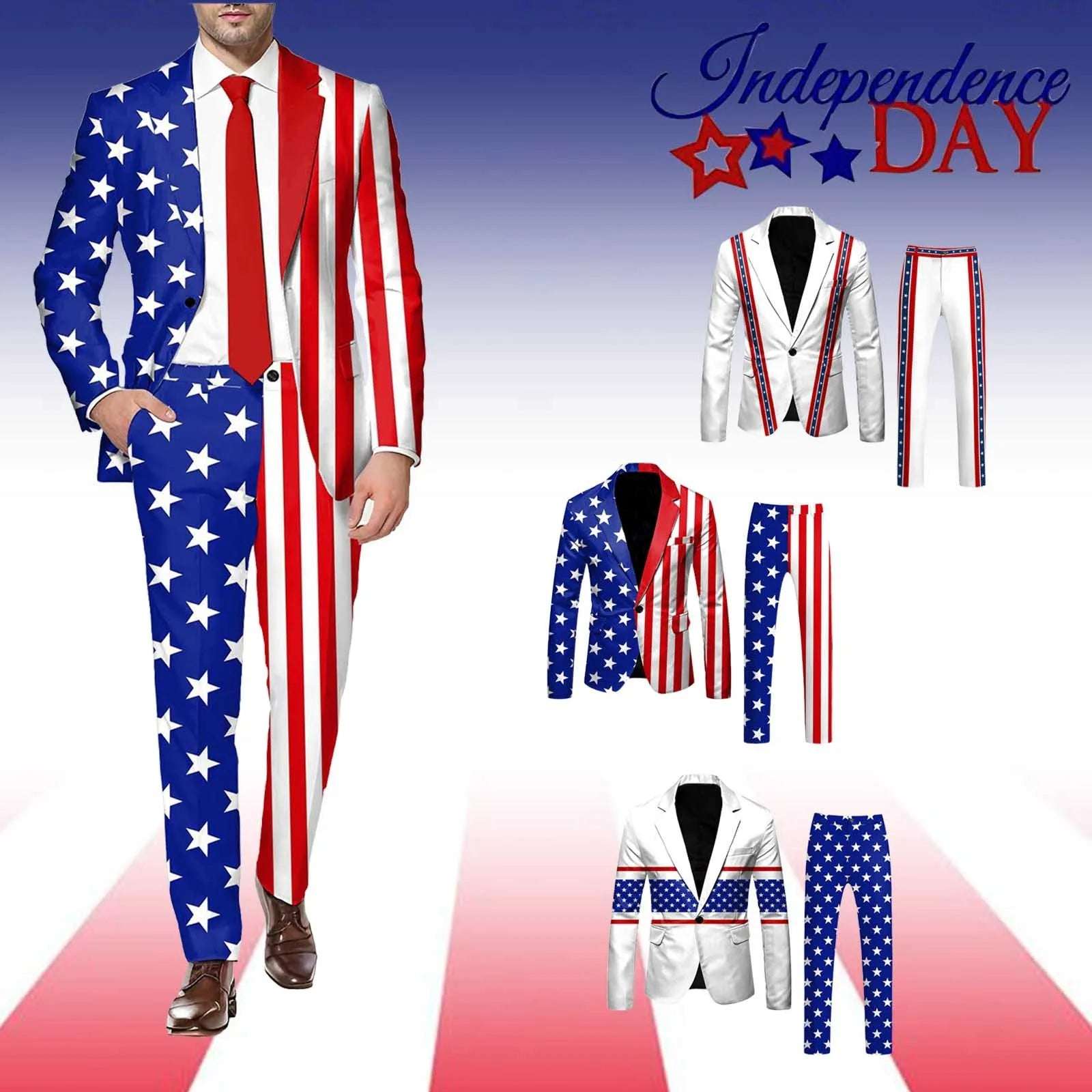 Suits - 2 Piece Set Men's Independence Day Blazer Long Sleeve Coat And Pants Set Printed Flag Button Suit Holiday Party Men's Suit Set