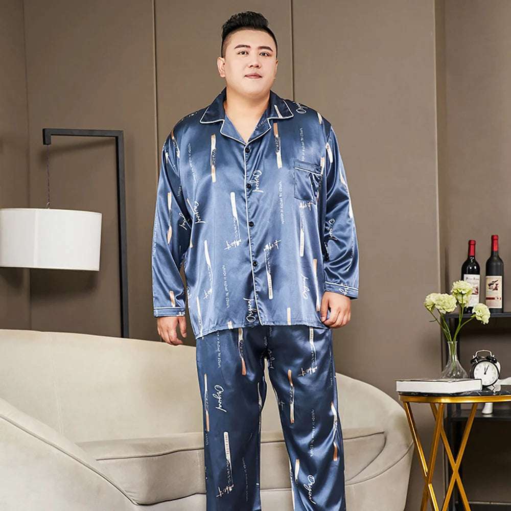 Sleepwear & Loungwear - 5XL Big Size Pajamas For Men 165KG Spring Summer Ice Silk Satin Cool Pajama Man Set Casual Loose Luxury Print Sleepwear Pijama