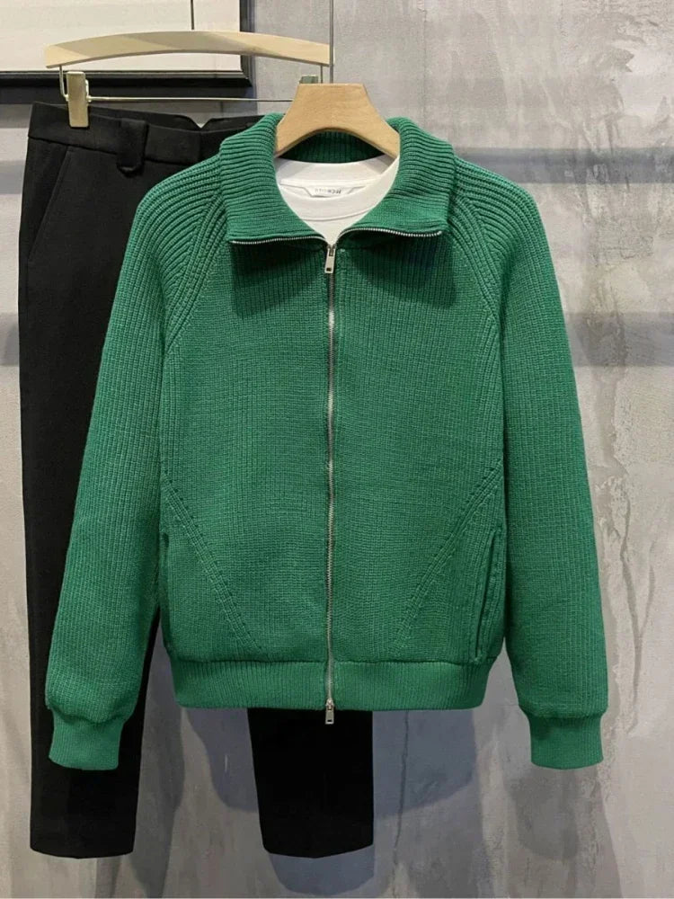 Men's Clothing Zip-up Jacket Knit Sweater Male Zipper Plain Green Solid Color Cardigan with Pockets Coat 2024 Trend Loose Fit V-Style Heaven