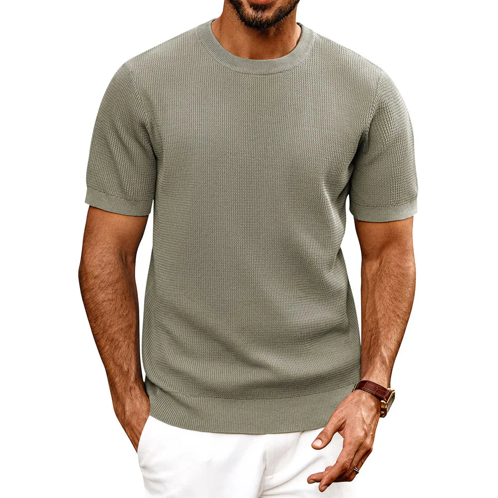 PJ Men Gentleman Basic Textured Knitted T-Shirt Short Sleeve Crew Neck Tops Knitwear High Stretch Fashion - Clothing Tops in ##color## by Style Heaven | High-Quality & Trendy Fashion