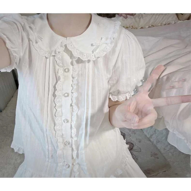 Summer White Lolita Style Japanese Sweet Chemises Femme Peter Pan Collar Short Sleeve Ruffles Camisa Women Y2k Loose Shirt-Style Heaven