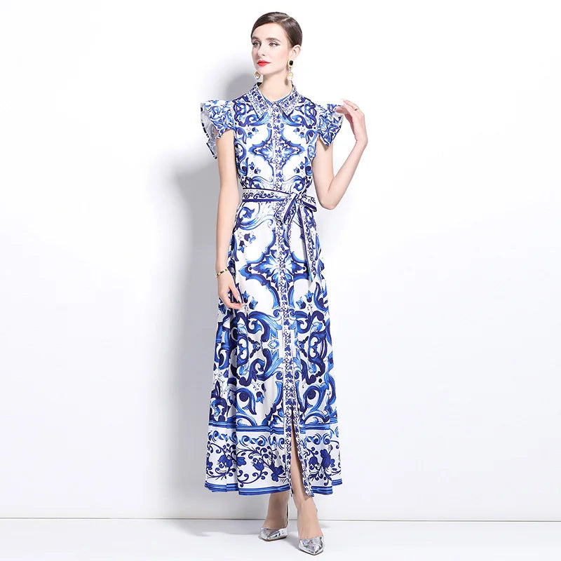 2025 Summer Blue White Porcelain Print Long Dress Shirt Women Single Breasted Flying Sleeve Elegant Floral Party Maxi Vestidos-Style Heaven