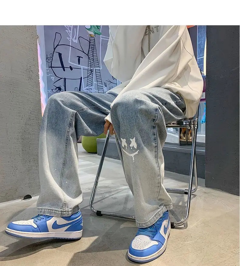 Male New Straight Vintage Gradient Washed Denim Pants Baggy Light Blue Black Casual Jeans  Printed  Fashion Hip Hop Streetwear-Style Heaven