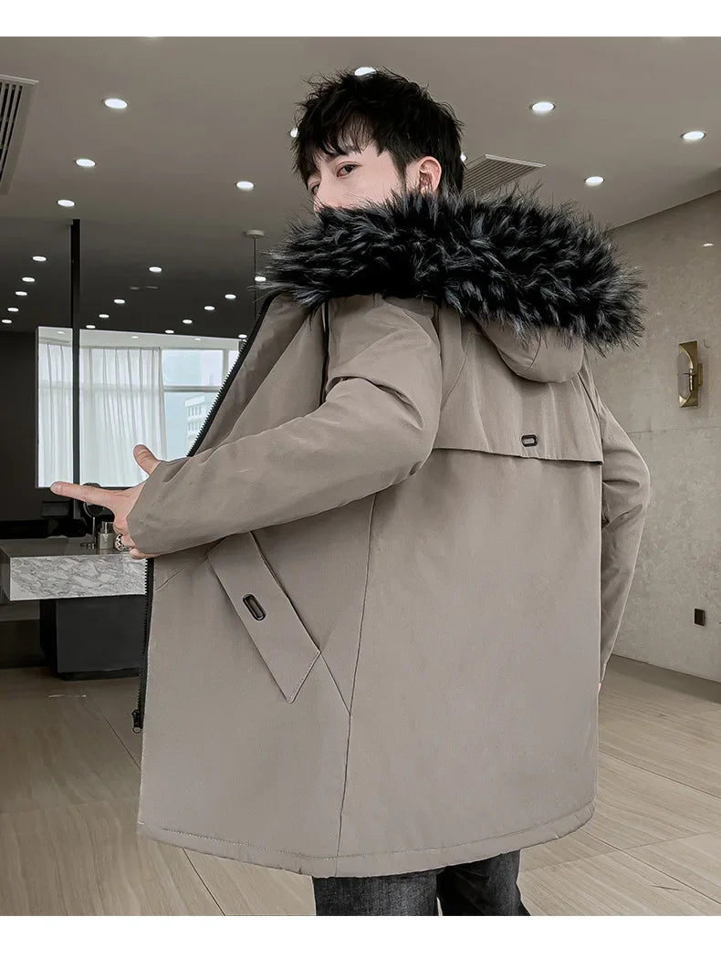 New Men's Medium-Length Thickened Cotton Jacket With Hoodie Warm Anti-Cold Loose Fit From China Mainland For All Seasons-Style Heaven