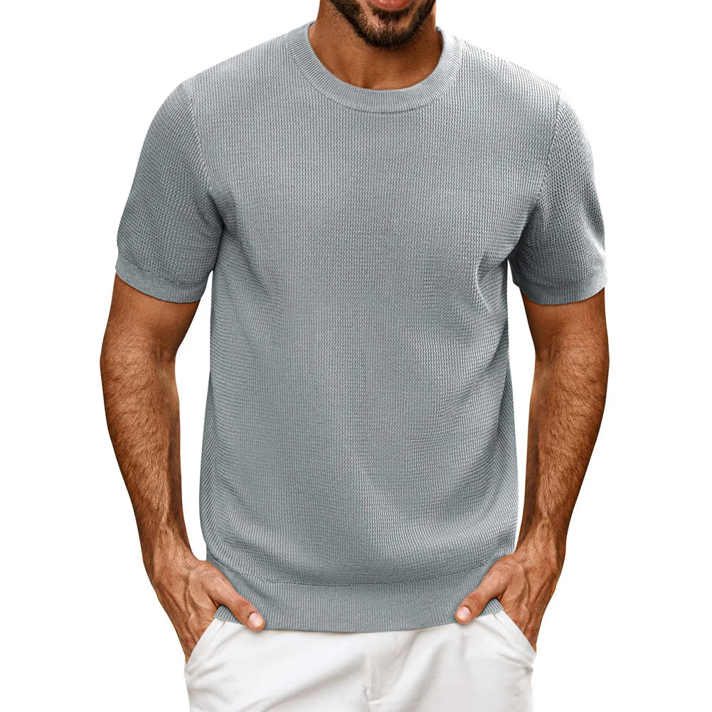 PJ Men Gentleman Basic Textured Knitted T-Shirt Short Sleeve Crew Neck Tops Knitwear High Stretch Fashion - Clothing Tops in ##color## by Style Heaven | High-Quality & Trendy Fashion