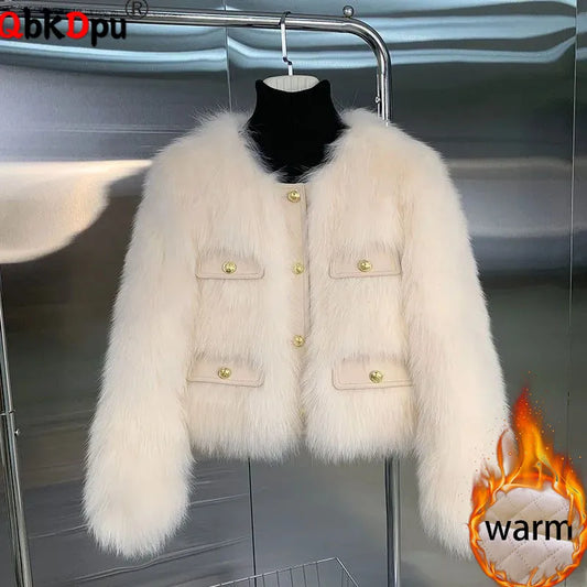 Winter Warm Cropped Faux Fur Coats Tops Women Elegant Thicken Cotton Padded Lined Jackets Casual Single Breasted Furry Abrigos