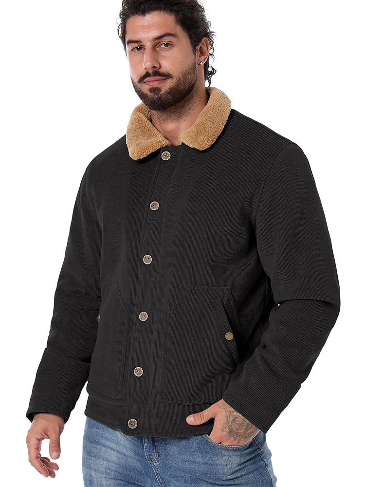 Men's Winter Corduroy Jacket Fleece Warm  Lined Cargo Work Jacket Casual Thick Sherpa Collar Trucker Deck Navy Coats-Style Heaven