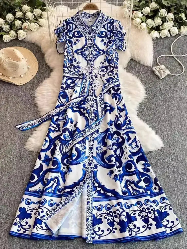 2025 Summer Blue White Porcelain Print Long Dress Shirt Women Single Breasted Flying Sleeve Elegant Floral Party Maxi Vestidos-Style Heaven