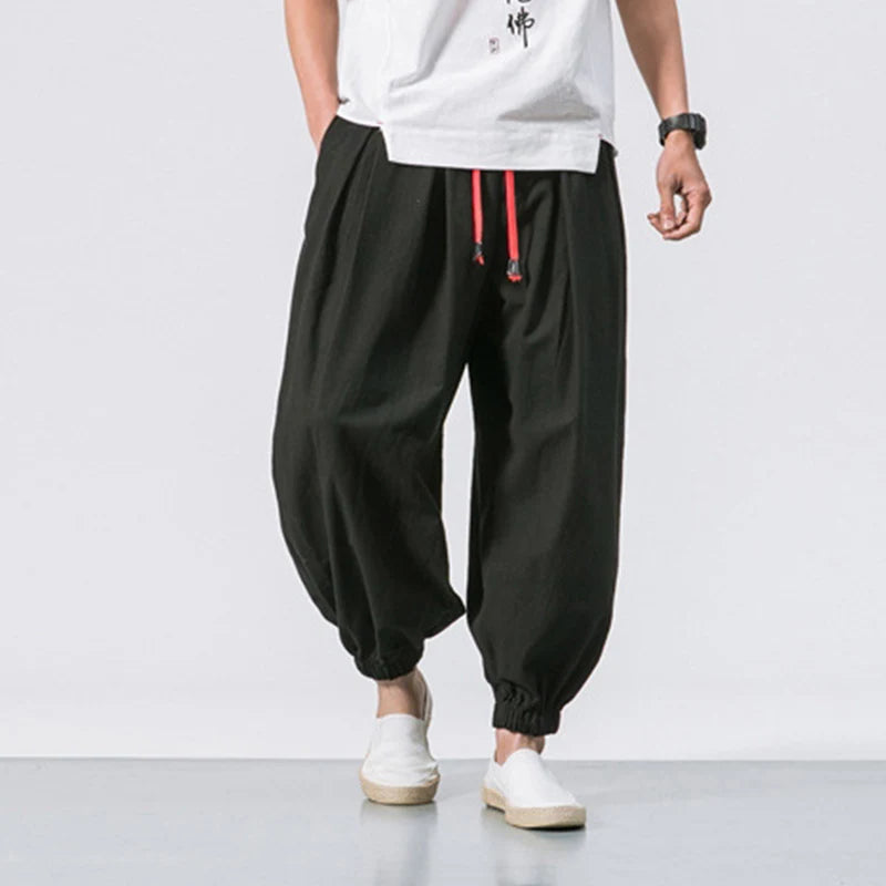 Cotton Linen Harem Pants Men Solid Elastic Waist Streetwear Joggers New Baggy Drop-crotch Pants Casual Trousers Men-Style Heaven