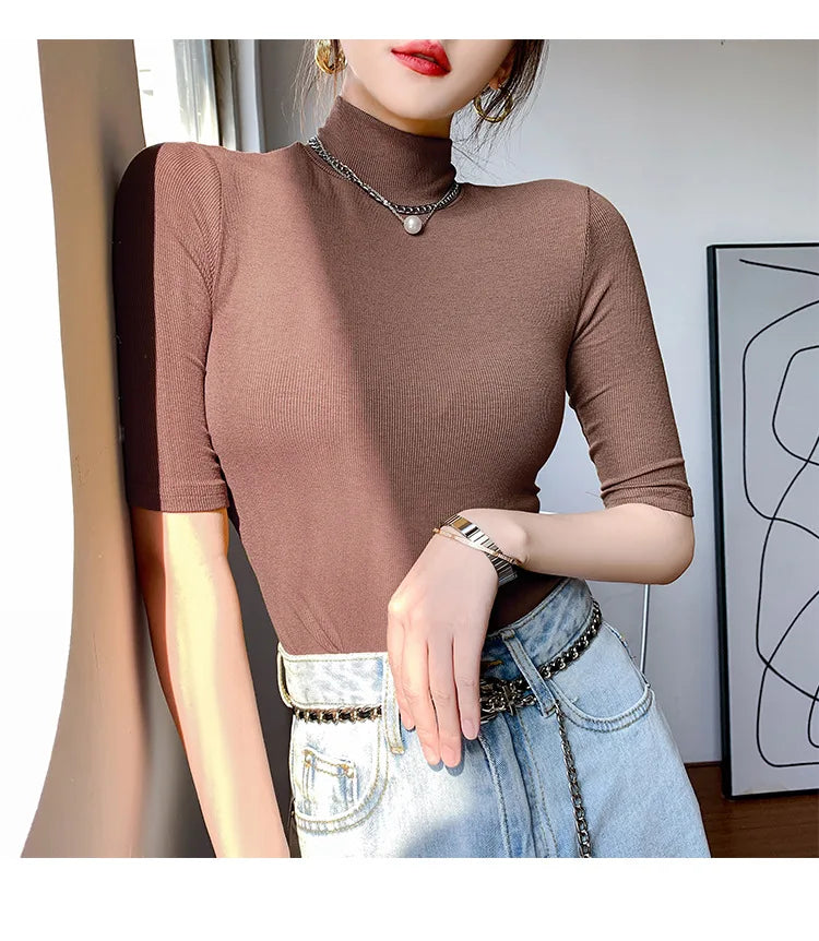 Basic Cotton T Shirt Women Turtleneck Slim Tshirt Short Sleeve T-shirts Female Casual Elasticity White Tee Shirt Femme Woman Top