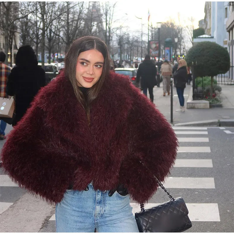 Brown Furry Faux Fur Short Coat For Women Fashion Long Sleeve Warm Thick Cardigan Jacket 2024 Winter Lady Street Outerwear