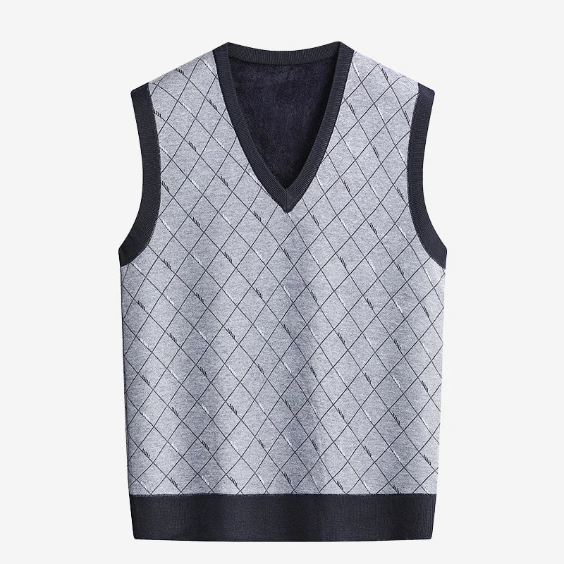 Men‘s V-neck Sweater Vest Autumn Winter Fleece Lining Knit Waistcoat Warm Homme Clothes Fashion Pullover-Style Heaven