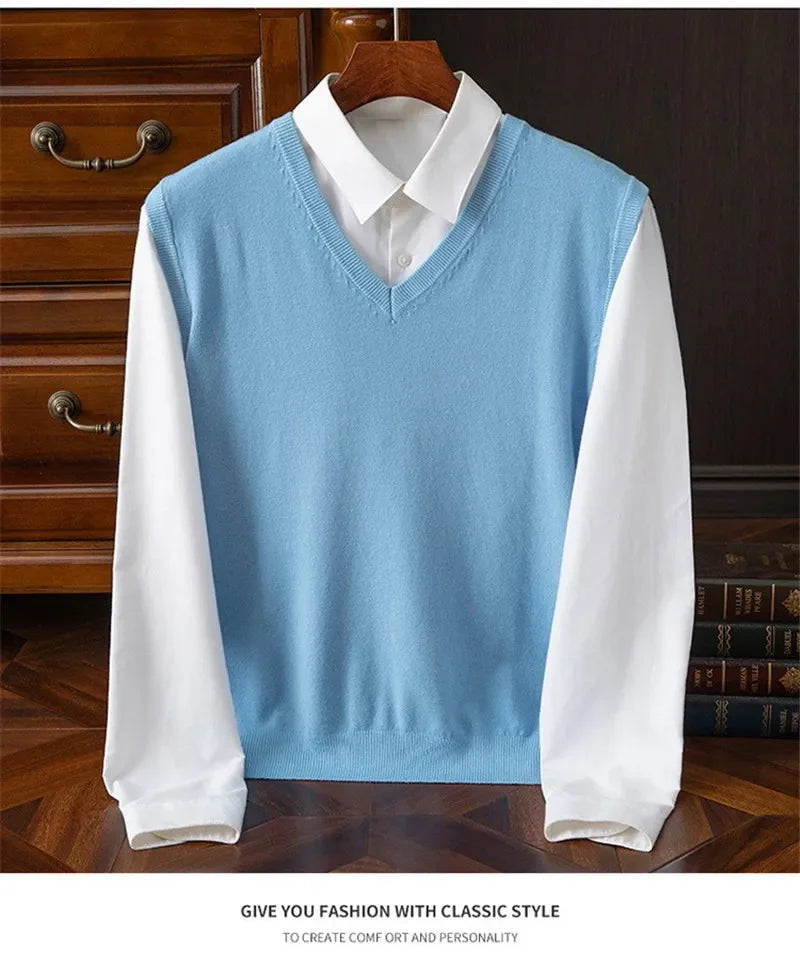 Cashmere Knitted Sweater Vest Men's Clothing V-neck Solid Color Pullover Camisole Bottom Spring Autumn Tops-Style Heaven