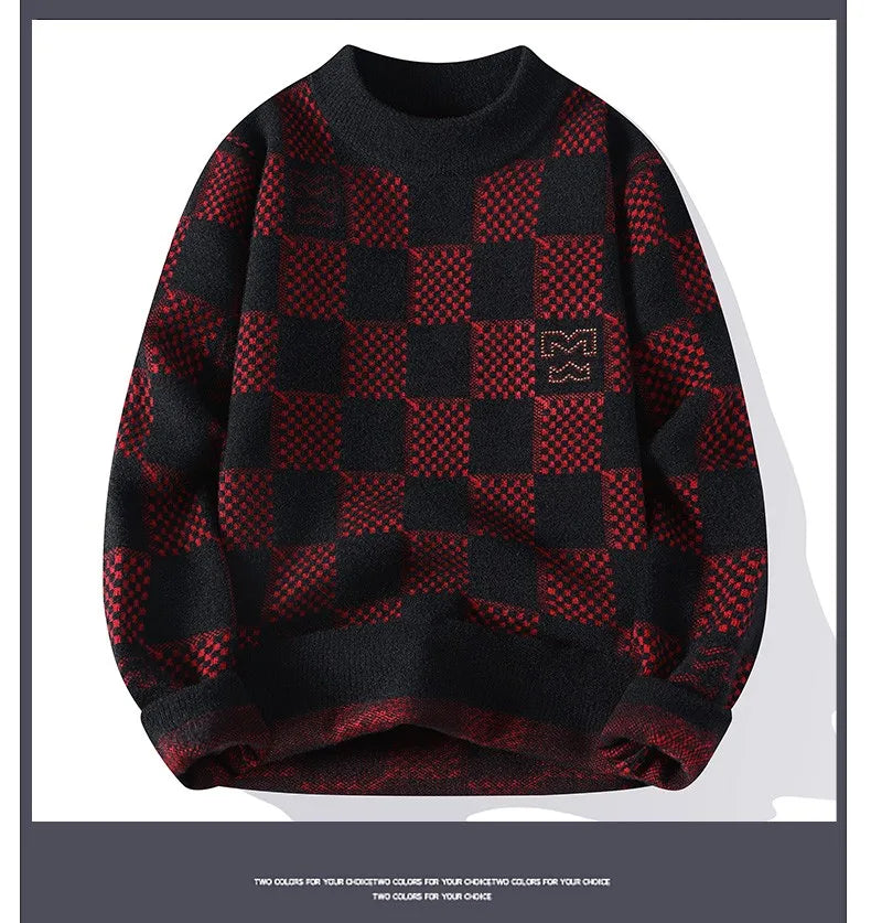 New Checkered Knitted Sweater American Trendy Men's Tops Classic Autumn Knitted Hoodie Fashionable Slimming Harajuku-Style Heaven