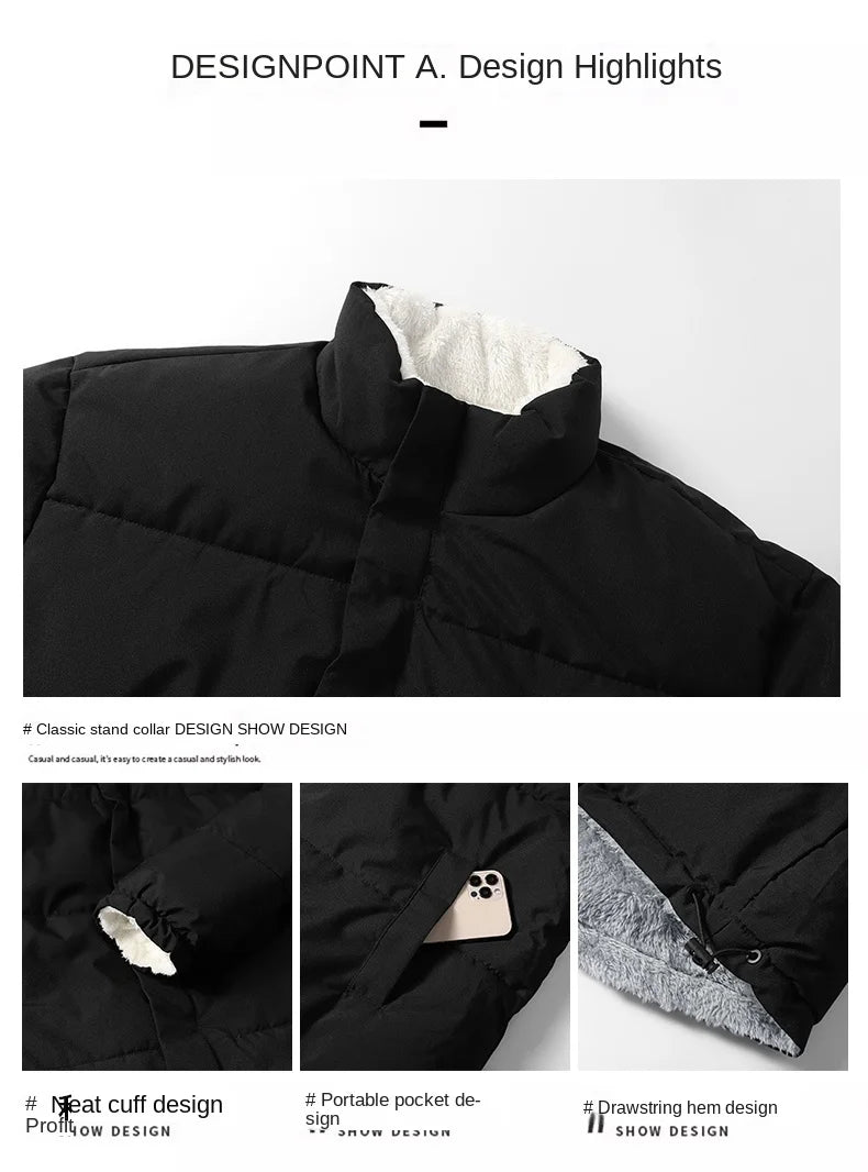 Winter Two-Sided Jacket Men's Harajuku Casual Thick Fleece Warm Parkas Women Trendy Stand-up Collar Windproof Cotton Padded Coat-Style Heaven