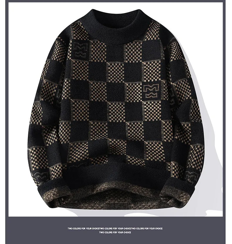 New Checkered Knitted Sweater American Trendy Men's Tops Classic Autumn Knitted Hoodie Fashionable Slimming Harajuku-Style Heaven