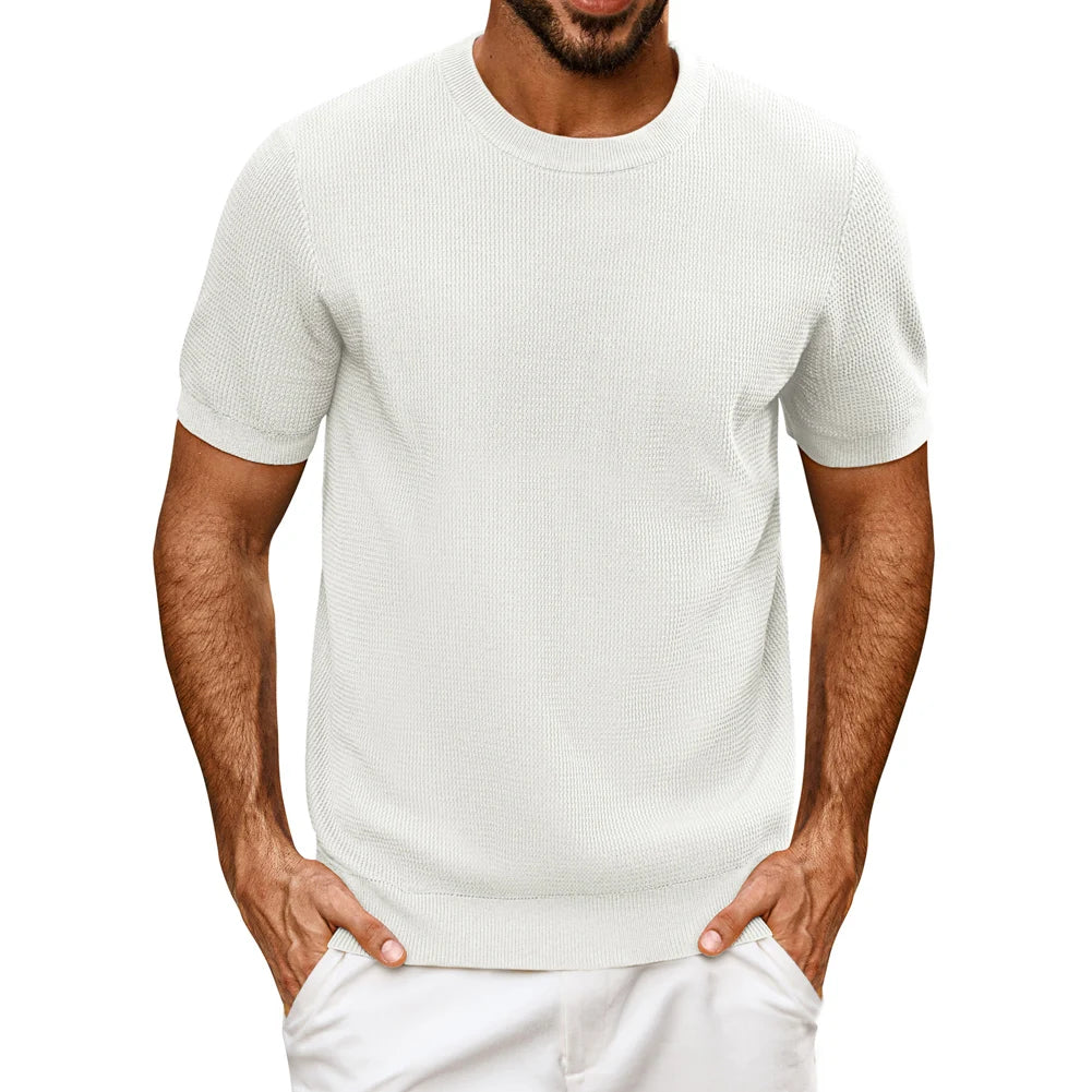 PJ Men Gentleman Basic Textured Knitted T-Shirt Short Sleeve Crew Neck Tops Knitwear High Stretch Fashion - Clothing Tops in ##color## by Style Heaven | High-Quality & Trendy Fashion