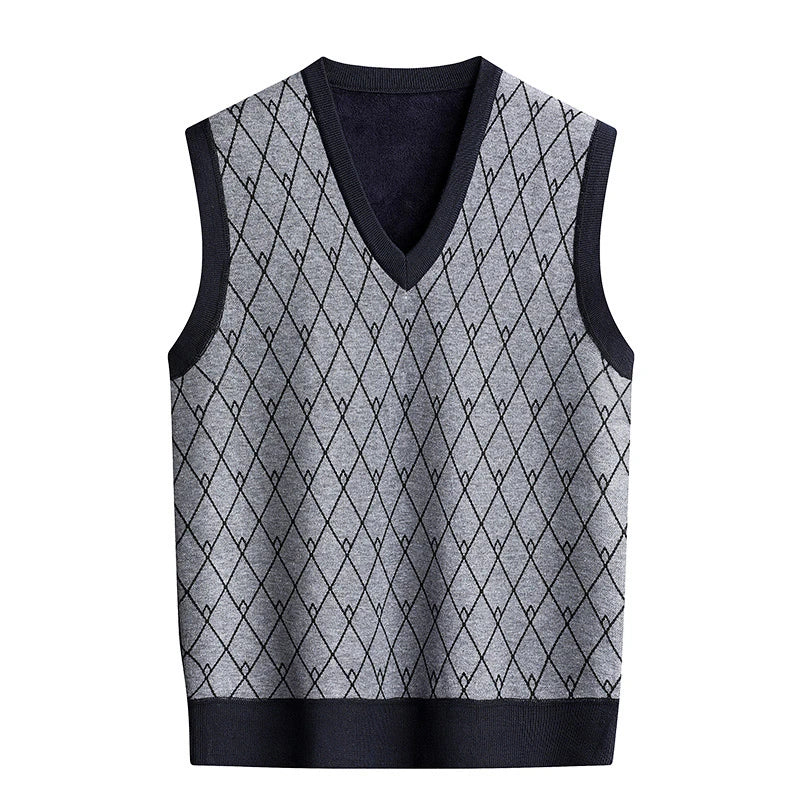 Men‘s V-neck Sweater Vest Autumn Winter Fleece Lining Knit Waistcoat Warm Homme Clothes Fashion Pullover-Style Heaven