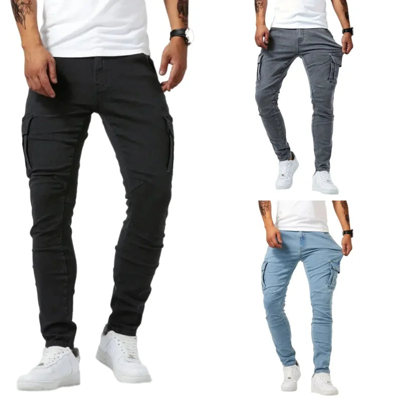 Men Elastic Skinny Jeans Soild Denim Pants Slim Fit Casual Jeans Multi Pocket Cargo Pants Fashion Casual Trousers Man Clothing-Style Heaven