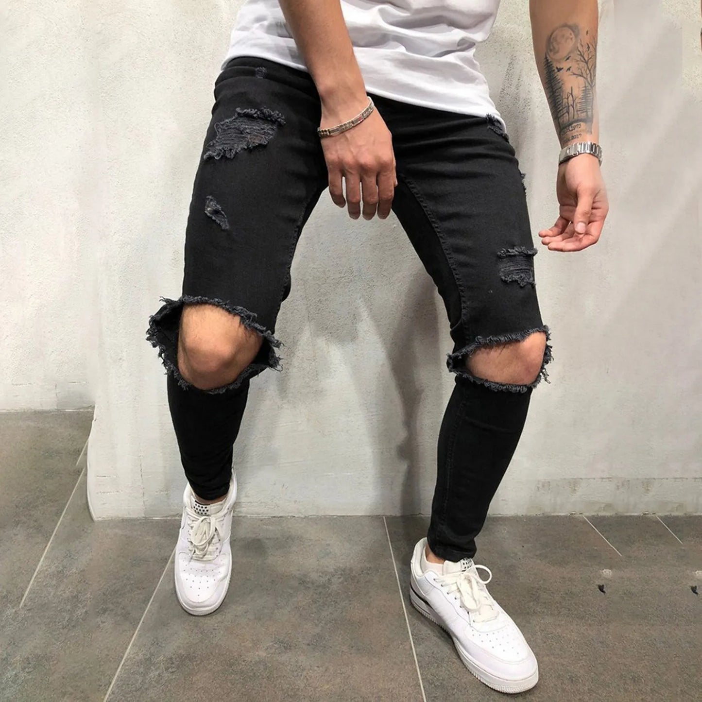 Men Pants Comfortable Jeans Slim Fit Small Feet Scratched Denim Ripped Jeans Streetwear Baggy Jeans Y2k Punk Long Trousers-Style Heaven