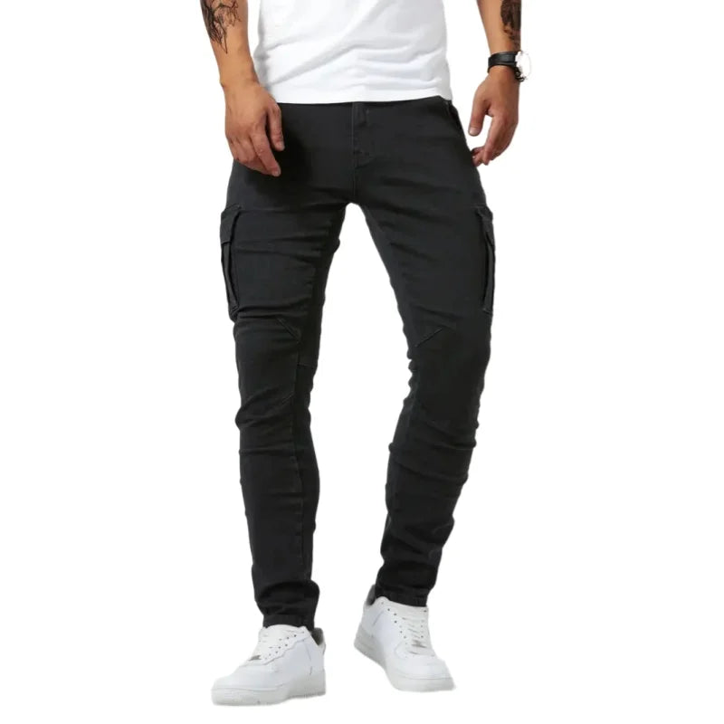 Men Elastic Skinny Jeans Soild Denim Pants Slim Fit Casual Jeans Multi Pocket Cargo Pants Fashion Casual Trousers Man Clothing-Style Heaven