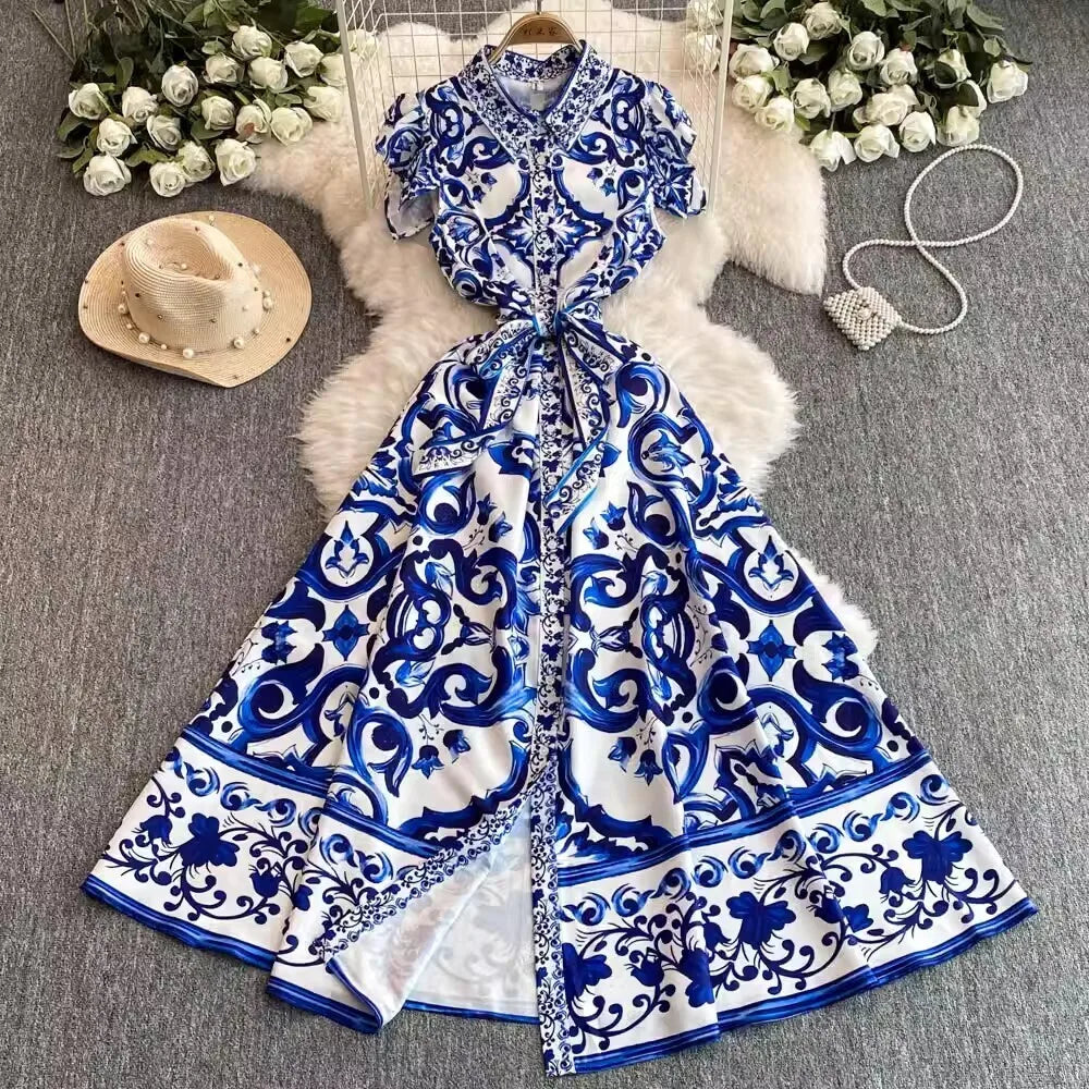 2025 Summer Blue White Porcelain Print Long Dress Shirt Women Single Breasted Flying Sleeve Elegant Floral Party Maxi Vestidos-Style Heaven