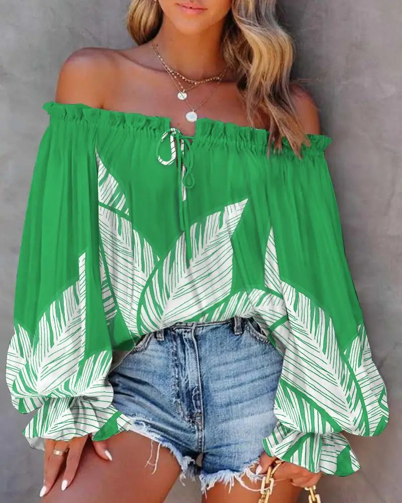 Sexy Slash Neck Off The Shoulder Strapless Lace Up Long Sleeve Floral Print Blouse Tops Summer Lady OL Workwear Blouse Shirts-Style Heaven