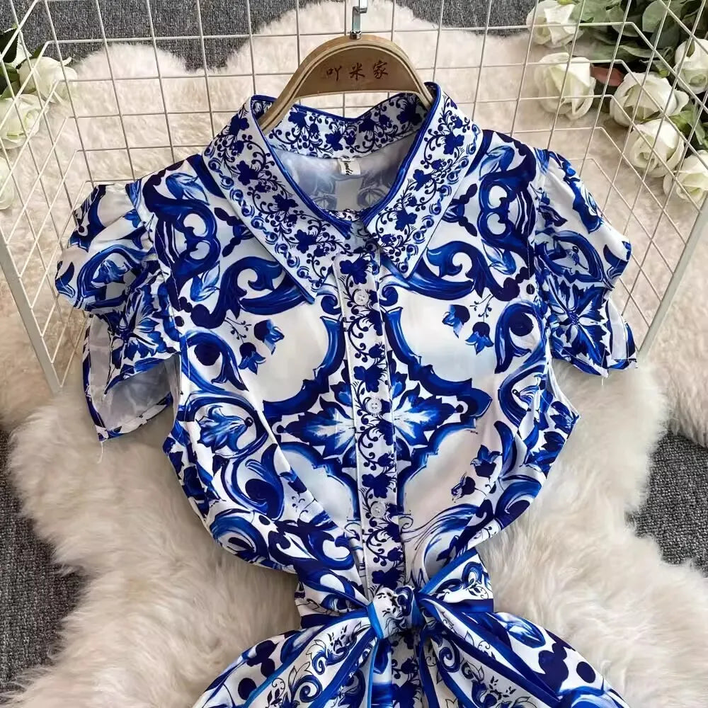 2025 Summer Blue White Porcelain Print Long Dress Shirt Women Single Breasted Flying Sleeve Elegant Floral Party Maxi Vestidos-Style Heaven