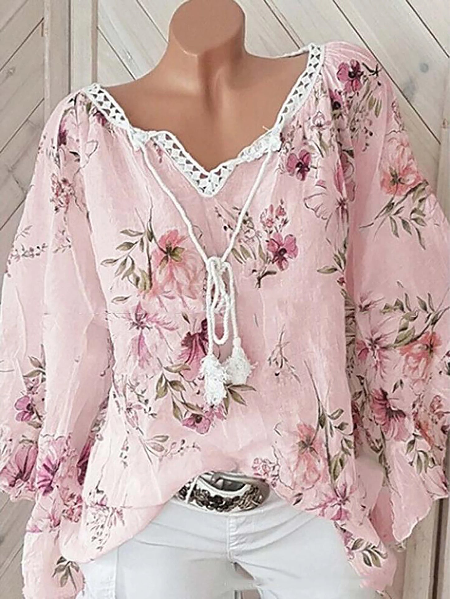 Europe and the United States spring and summer new women's top V-neck splicing print large size long-sleeved shirt women-Style Heaven