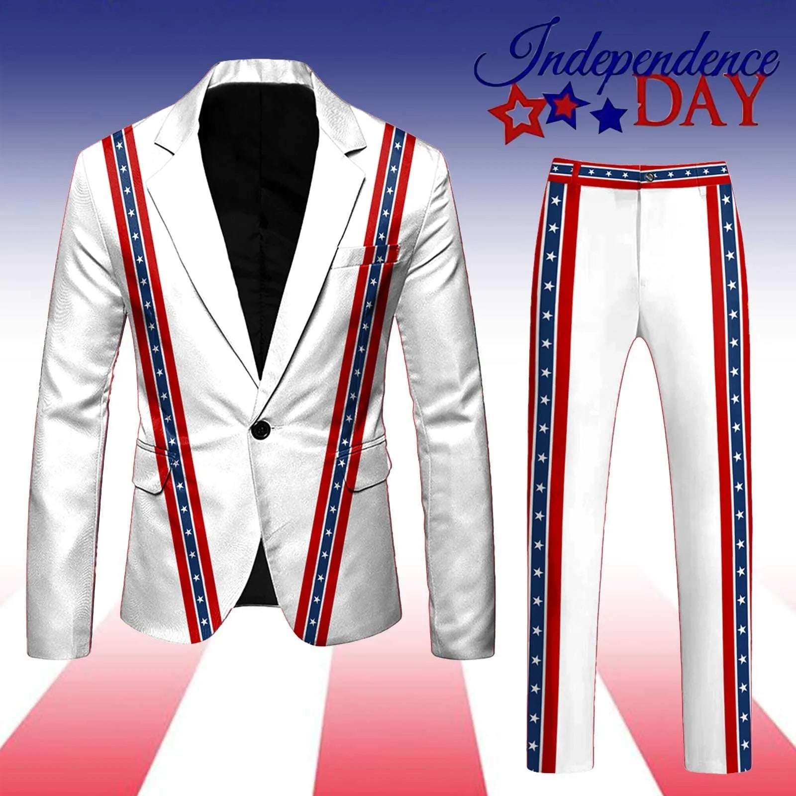 Suits - 2 Piece Set Men's Independence Day Blazer Long Sleeve Coat And Pants Set Printed Flag Button Suit Holiday Party Men's Suit Set