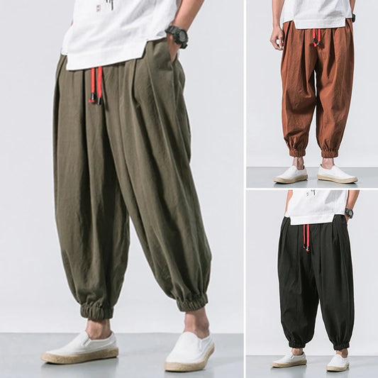 Cotton Linen Harem Pants Men Solid Elastic Waist Streetwear Joggers New Baggy Drop-crotch Pants Casual Trousers Men-Style Heaven