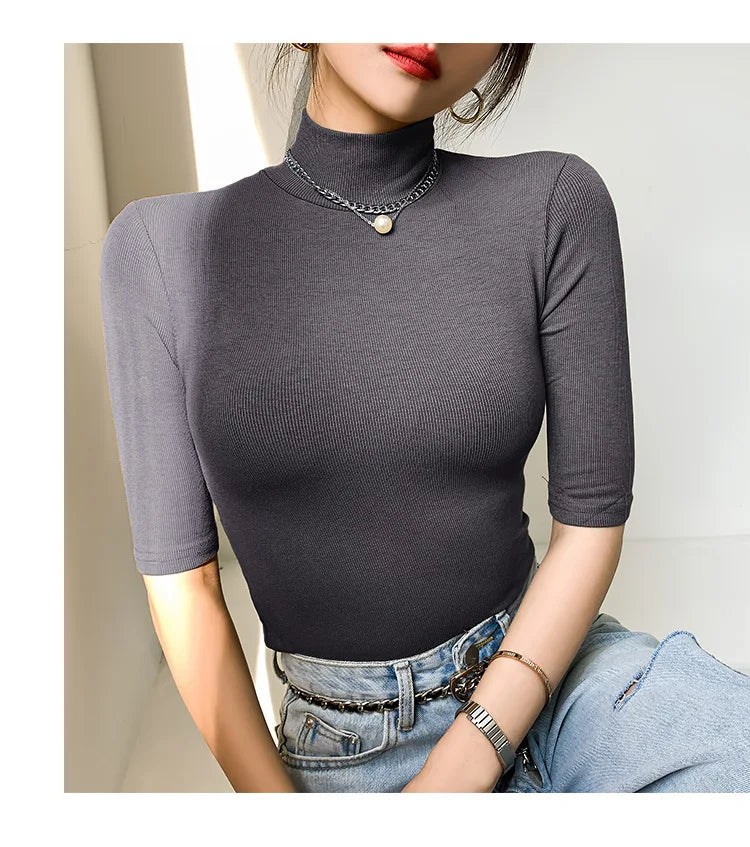 Basic Cotton T Shirt Women Turtleneck Slim Tshirt Short Sleeve T-shirts Female Casual Elasticity White Tee Shirt Femme Woman Top