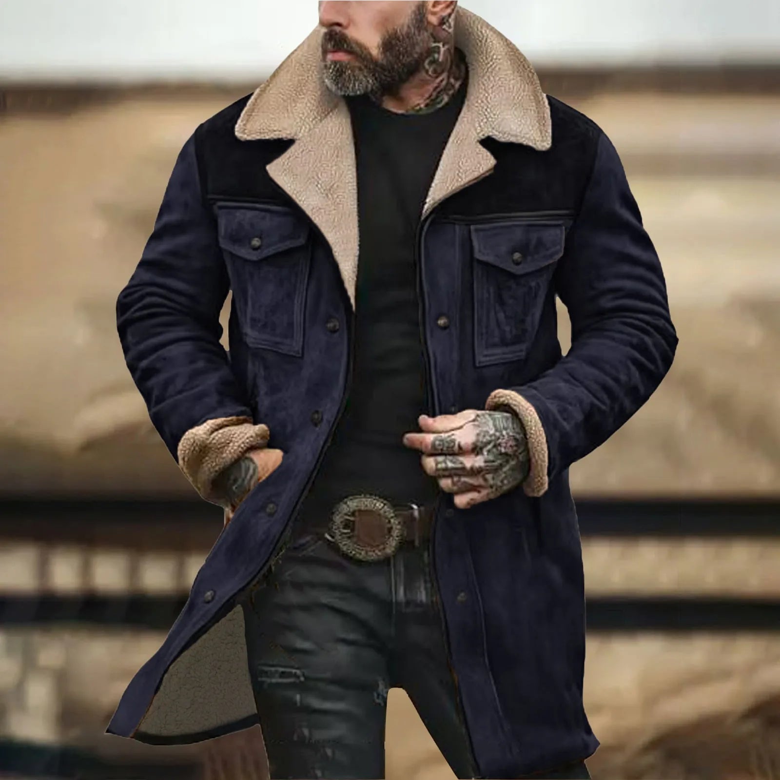 Mens Winter Warm Fleece Jackets Medium Long Jacket With Pockets Vintage Casual Street Jacket Overcoat Male Outerwear Tops-Style Heaven