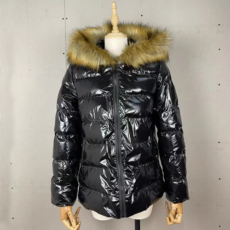 New Women's Winter Fashion Casual Slim Cotton Jacket Faux Fur Collar and Hooded  Warm Jacket Coat Hooded Pu Leather Zipper-Style Heaven