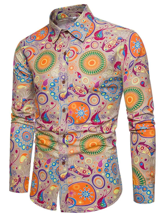 Clothing Tops - Fashion Men's Shirt Paisley Tribal Plus Size Print Long Sleeve Street Slim Tops Cotton Basic Fashion Vintage Streetwear