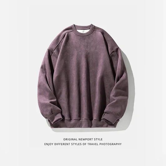 Purple Sweatshirt Mans Suede O Neck Autumn Winter Baggy Men Sweatshirts Casual Long Sleeve 2025 New Male Tops-Style Heaven