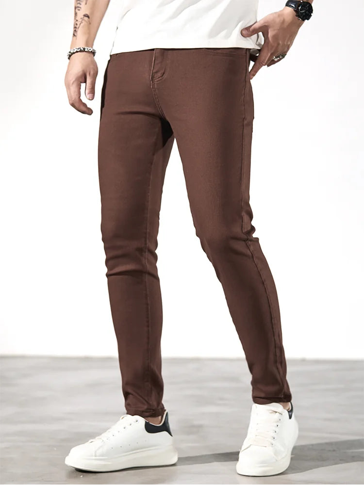 Pants - Men's Trendy Trousers, Brown Jeans, Men's Slim Long Pencil Pants, Men's Clothing, High-quality Men's Fashionable Thin Skinny Jea