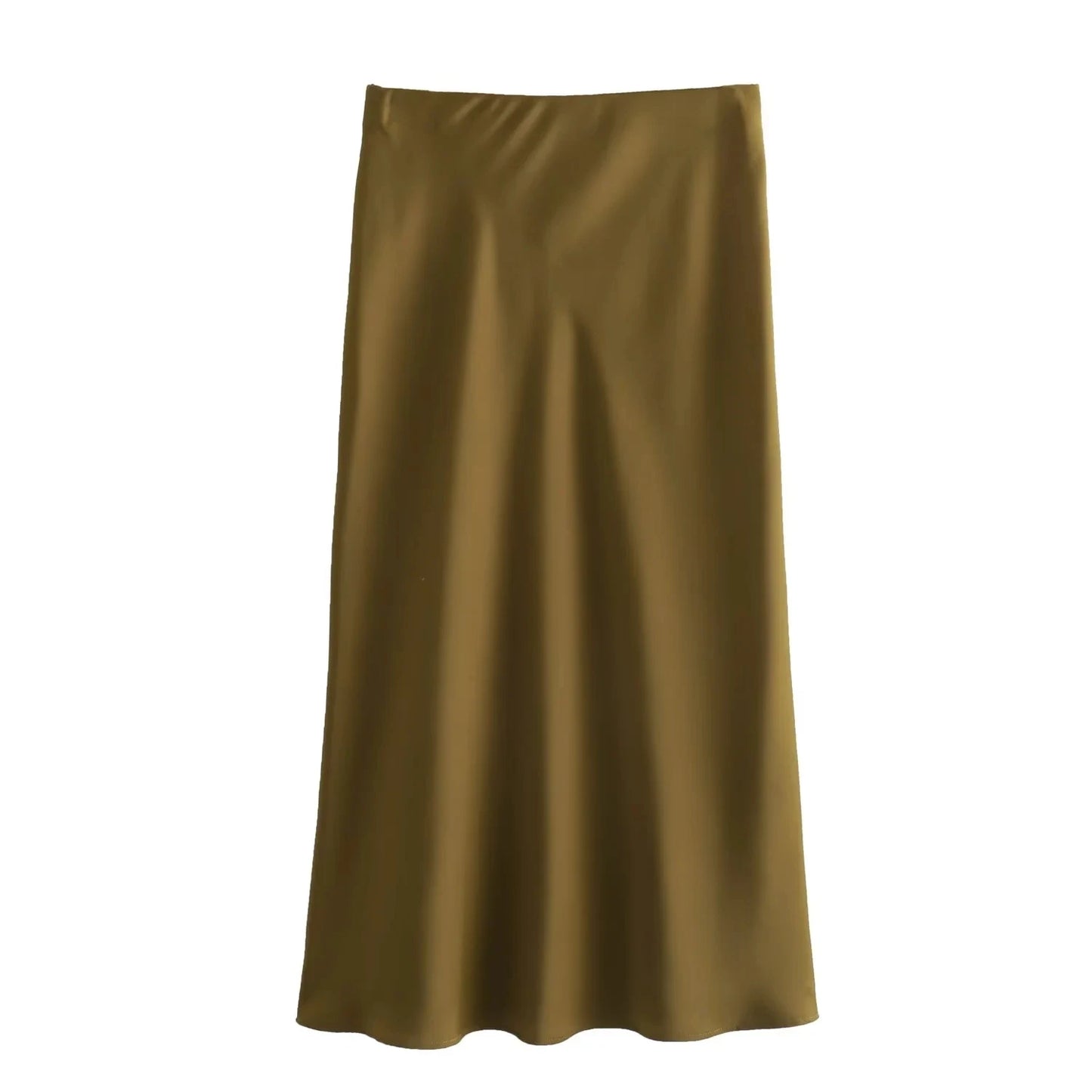 Women's Fashion Flowing Satin Midi Skirt Women Vintage Elastic High Waist Flared hem High Street Female Skirt