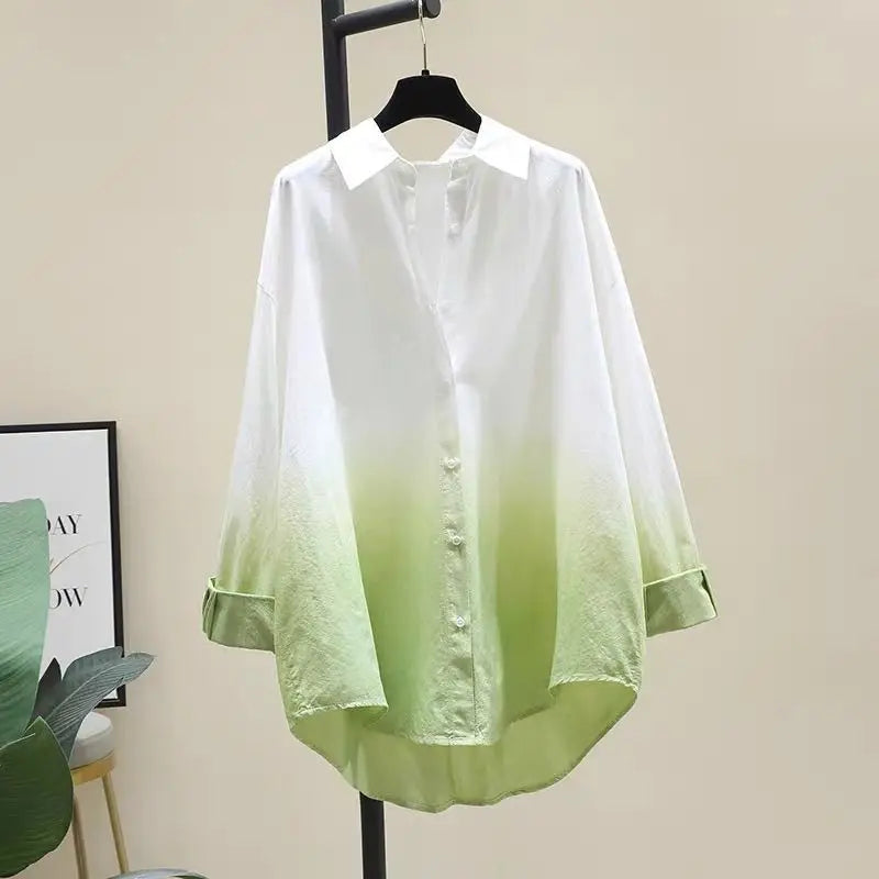 100% Pure Cotton Gradient Long Sleeved Shirt Spring Autumn New Casual Loose Loose Blouse Tops Commuting Trendy Clothes for Women-Style Heaven