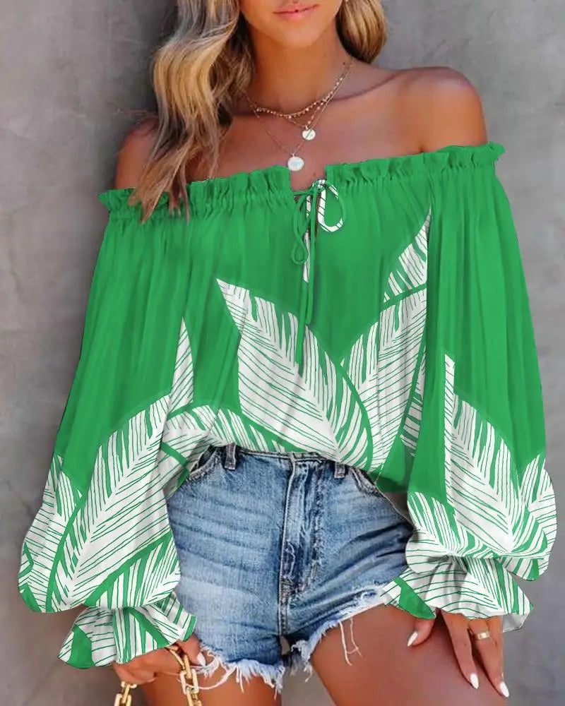 Sexy Slash Neck Off The Shoulder Strapless Lace Up Long Sleeve Floral Print Blouse Tops Summer Lady OL Workwear Blouse Shirts-Style Heaven