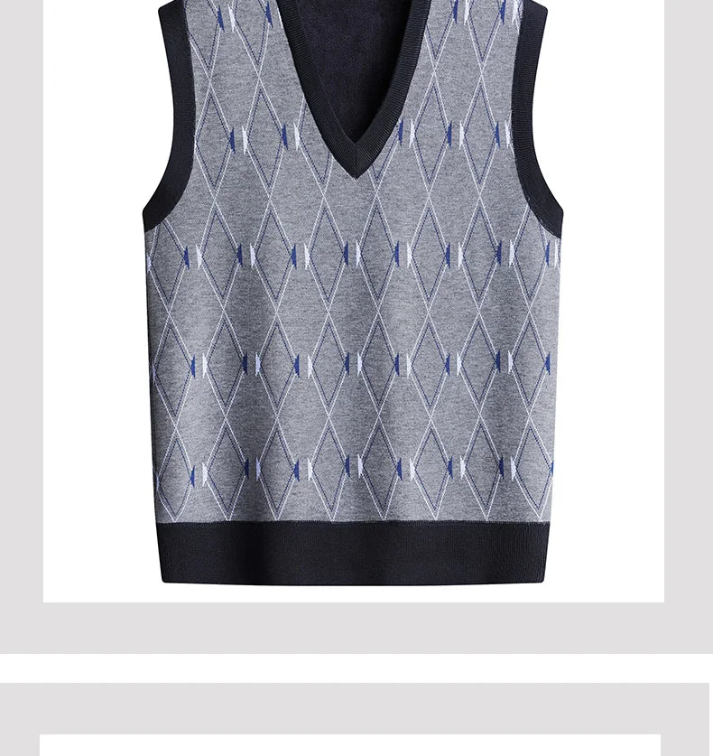 Men‘s V-neck Sweater Vest Autumn Winter Fleece Lining Knit Waistcoat Warm Homme Clothes Fashion Pullover-Style Heaven