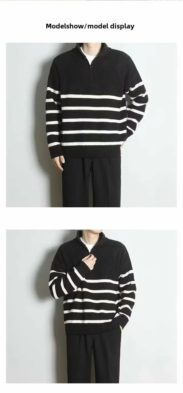 Korean Sle Men's Knitted Sweater mid High Collar Slim Fit Long Sleeve Striped Hoodie Casual Fashion Spring Autumn Season-Style Heaven