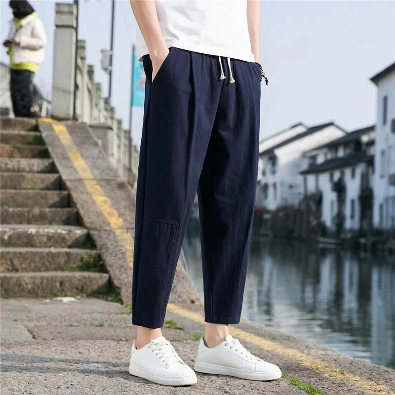 New Style Men's Cotton Linen Pants Summer Thin Loose Fit Bell Bottoms Casual Pants Simple Cropped Pants For Men - Clothing in ##color## by Style Heaven | High-Quality & Trendy Fashion