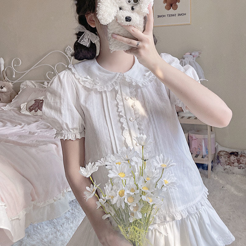 Summer White Lolita Style Japanese Sweet Chemises Femme Peter Pan Collar Short Sleeve Ruffles Camisa Women Y2k Loose Shirt-Style Heaven