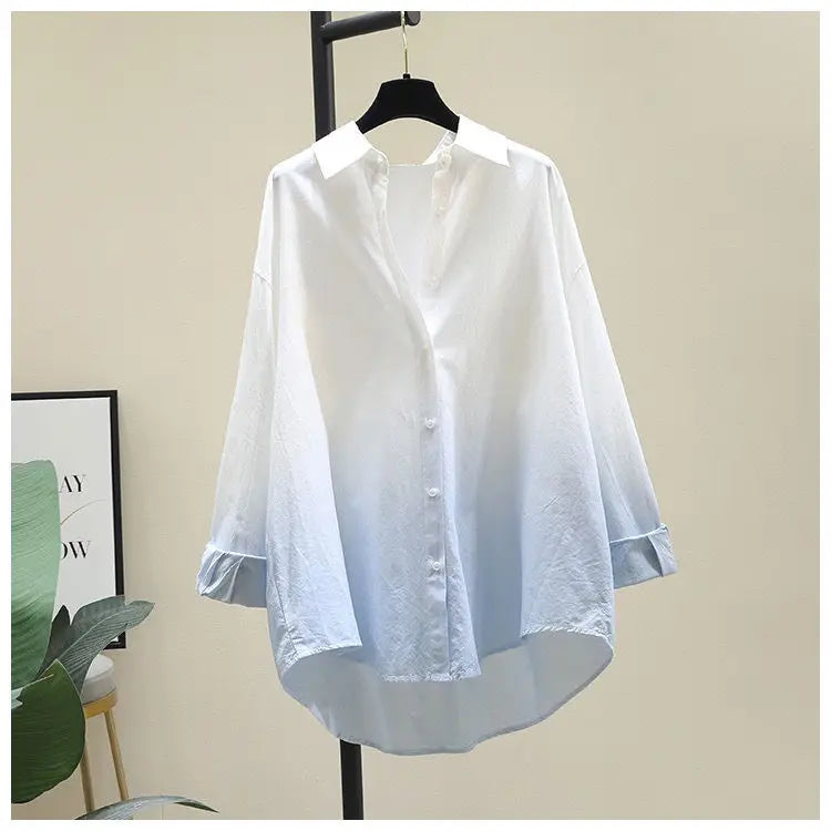 100% Pure Cotton Gradient Long Sleeved Shirt Spring Autumn New Casual Loose Loose Blouse Tops Commuting Trendy Clothes for Women-Style Heaven