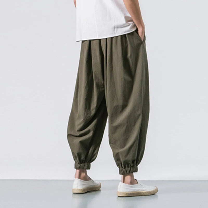 Cotton Linen Harem Pants Men Solid Elastic Waist Streetwear Joggers New Baggy Drop-crotch Pants Casual Trousers Men-Style Heaven