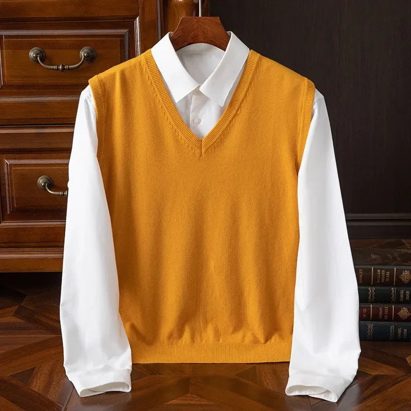 Cashmere Knitted Sweater Vest Men's Clothing V-neck Solid Color Pullover Camisole Bottom Spring Autumn Tops-Style Heaven